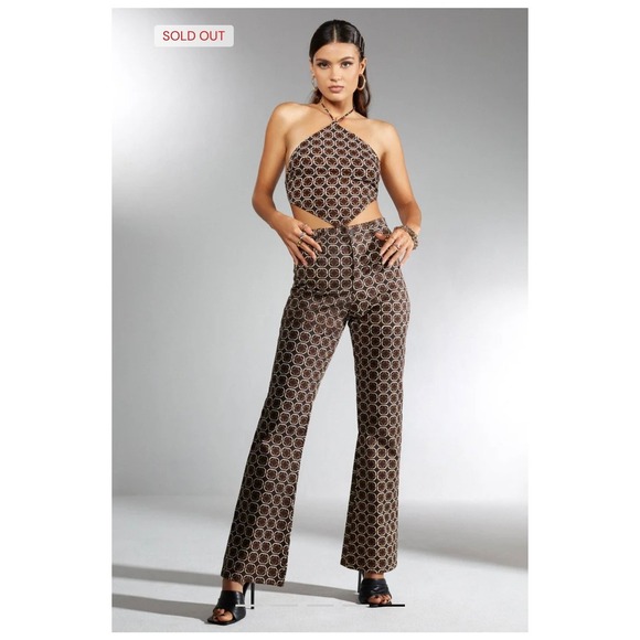 MOTEL Zoven Flare Trouser Chain Tangle Dark Brown Geometric Print Women's Small - Picture 5 of 6